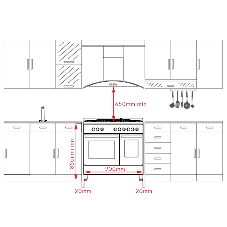 electriQ 90cm Dual Fuel Double Oven Range Cooker Black