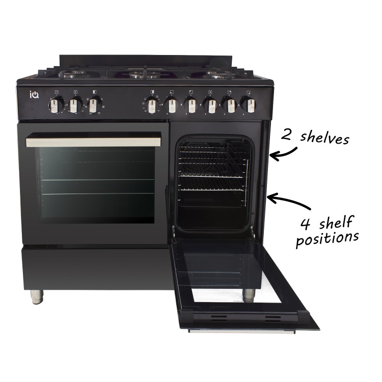 electriQ 90cm Dual Fuel Double Oven Range Cooker Black