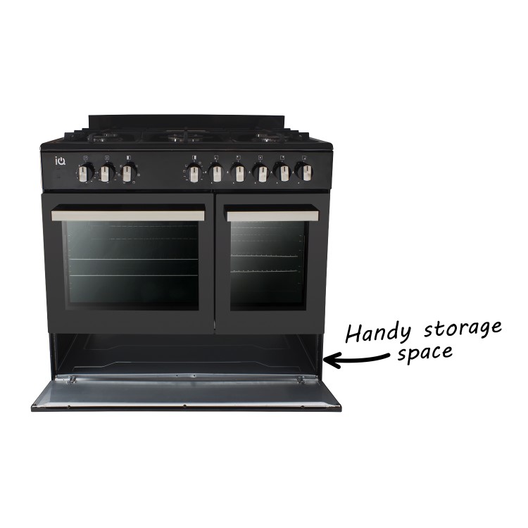 electriQ 90cm Dual Fuel Double Oven Range Cooker Black
