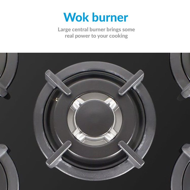 electriQ 70cm Black Glass on Gas 5 Burner Hob