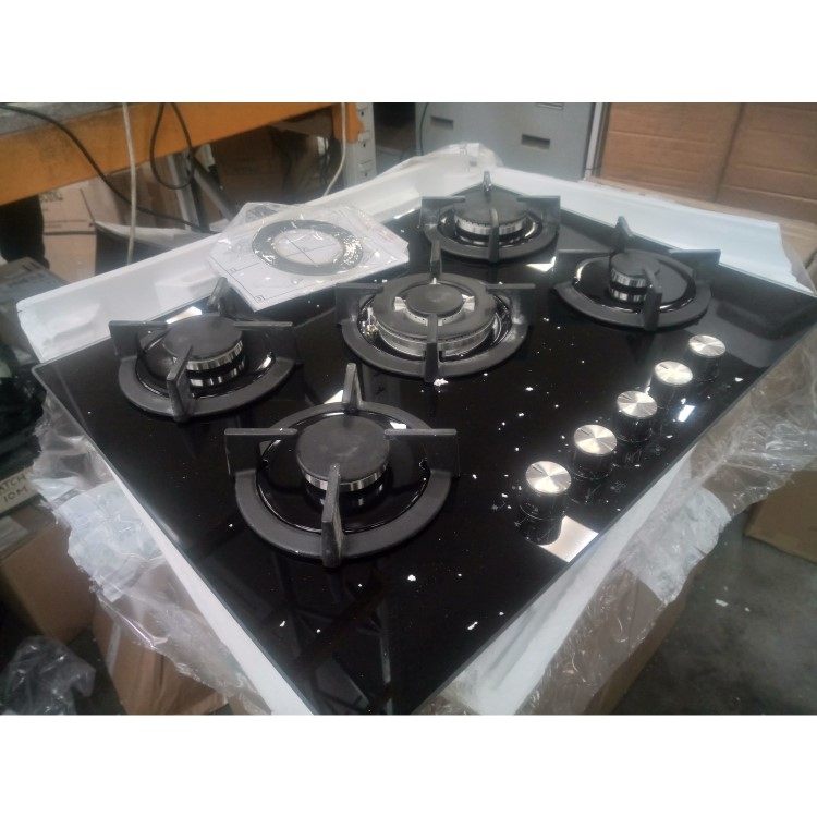 GRADE A2 - electriQ 70cm Black Glass on Gas 5 Burner Hob