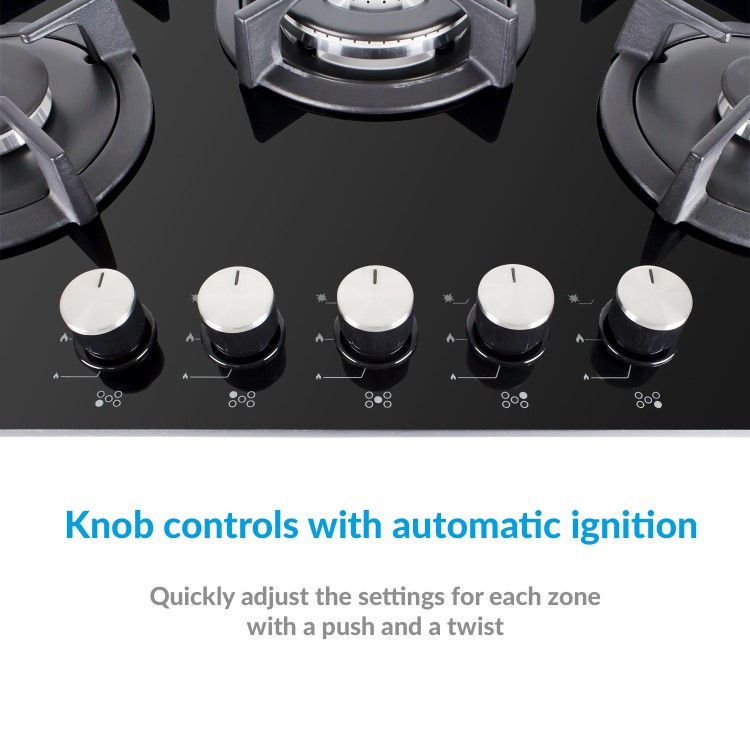 electriQ 70cm Black Glass on Gas 5 Burner Hob