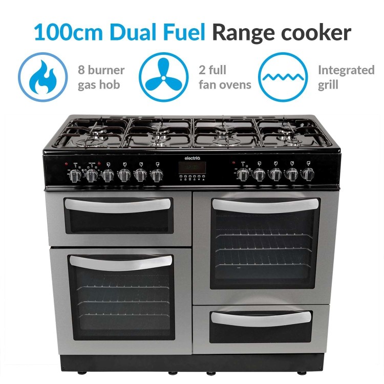 Refurbished electriQ EQRANGE100SS 100cm Dual Fuel Double Oven Range Cooker Stainless Steel