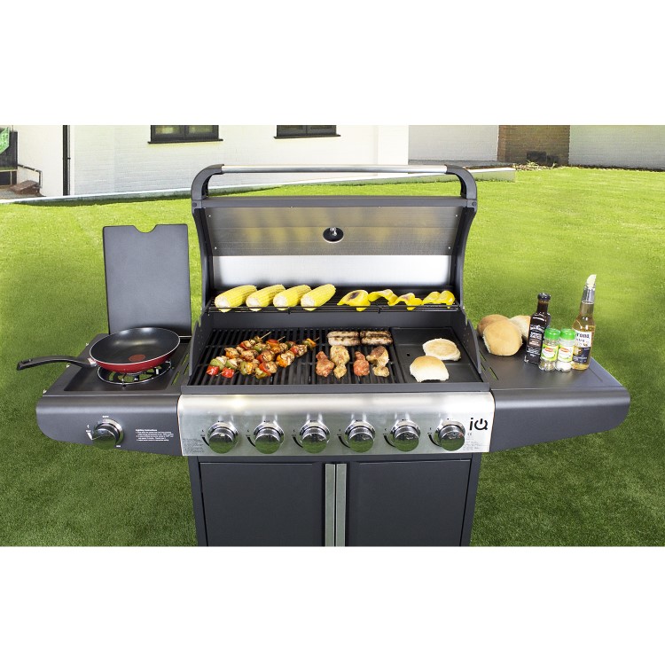 GRADE A3 - The Kentucky Premium 6 Burner Black Gas BBQ with Side Burner - Includes BBQ Cover and Utensil Set