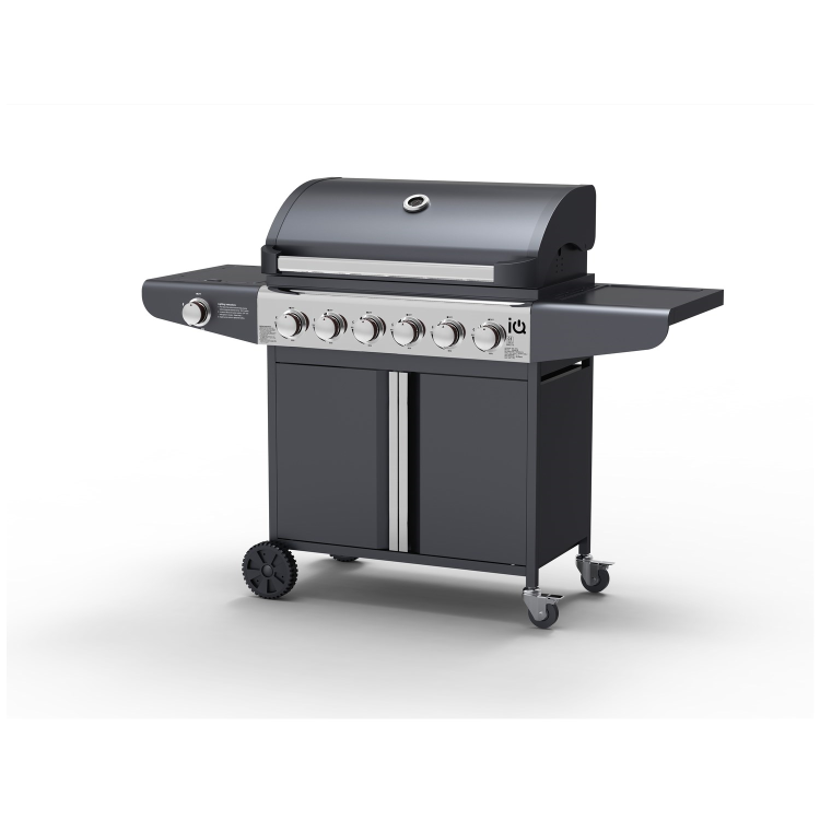 GRADE A3 - The Kentucky Premium 6 Burner Black Gas BBQ with Side Burner - Includes BBQ Cover and Utensil Set
