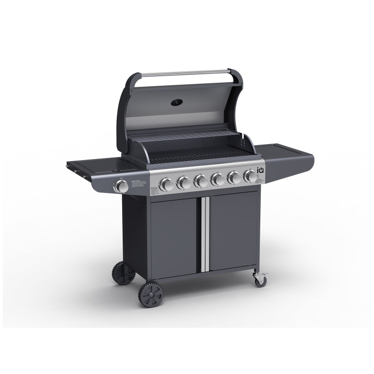 GRADE A3 - The Kentucky Premium 6 Burner Black Gas BBQ with Side Burner - Includes BBQ Cover and Utensil Set