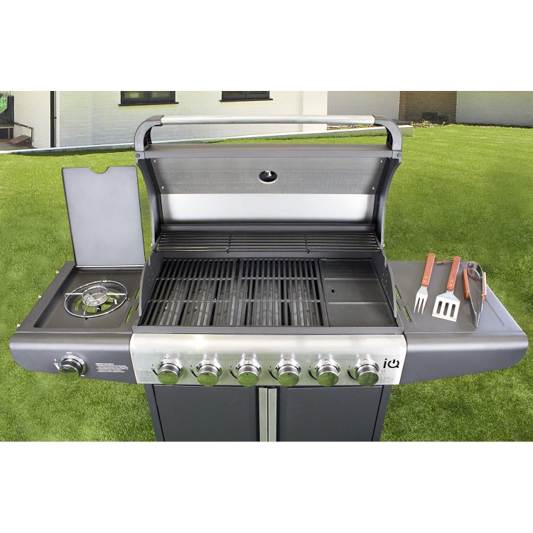 GRADE A3 - The Kentucky Premium 6 Burner Black Gas BBQ with Side Burner - Includes BBQ Cover and Utensil Set