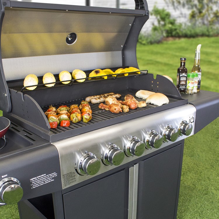 GRADE A3 - The Kentucky Premium 6 Burner Black Gas BBQ with Side Burner - Includes BBQ Cover and Utensil Set