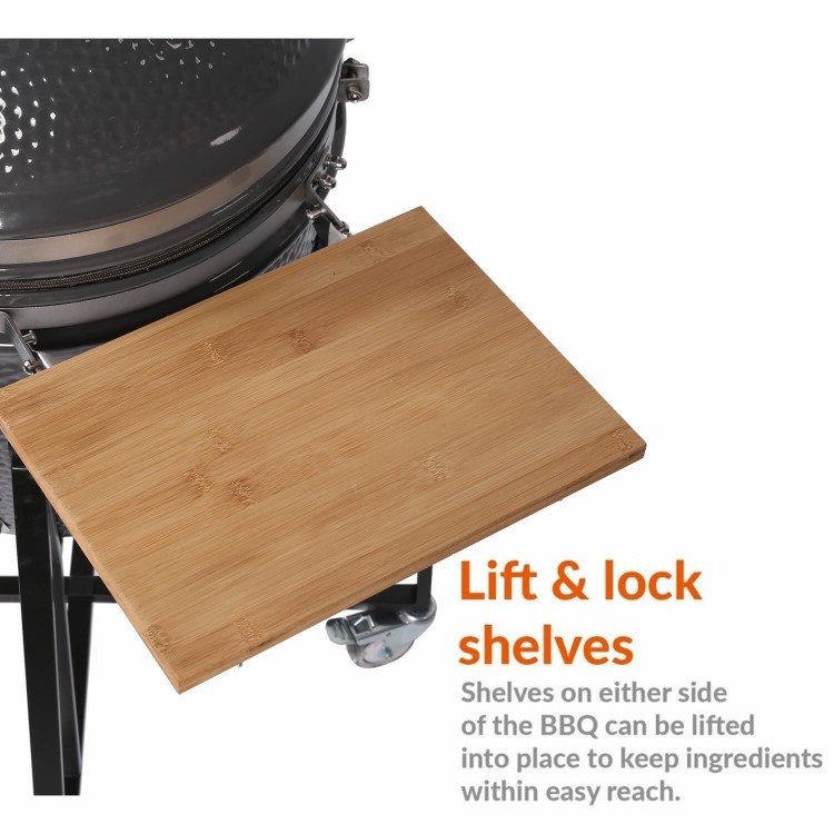Refurbished electriQ eiqeggxl 22 Inch Charcoal Ceramic Kamado Style Grill Egg BBQ in Grey with Wooden Shelves