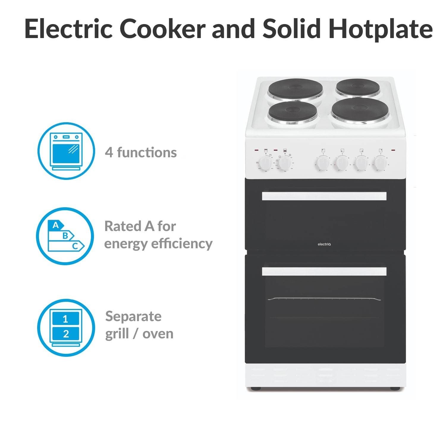 electriQ 50cm Double Cavity Electric Cooker with Sealed Plate Hob White