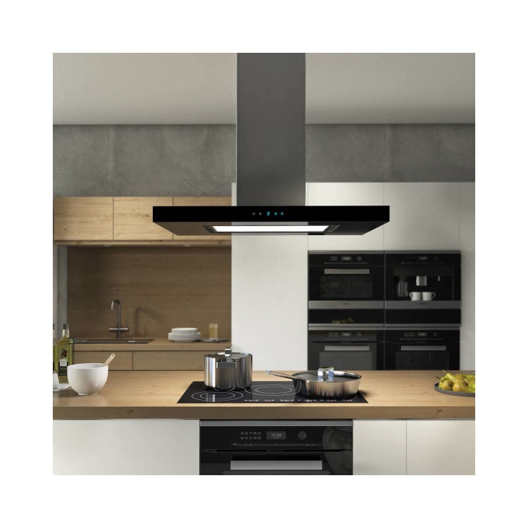 electriQ 90cm Island Cooker Hood with LED Panel - Black Glass