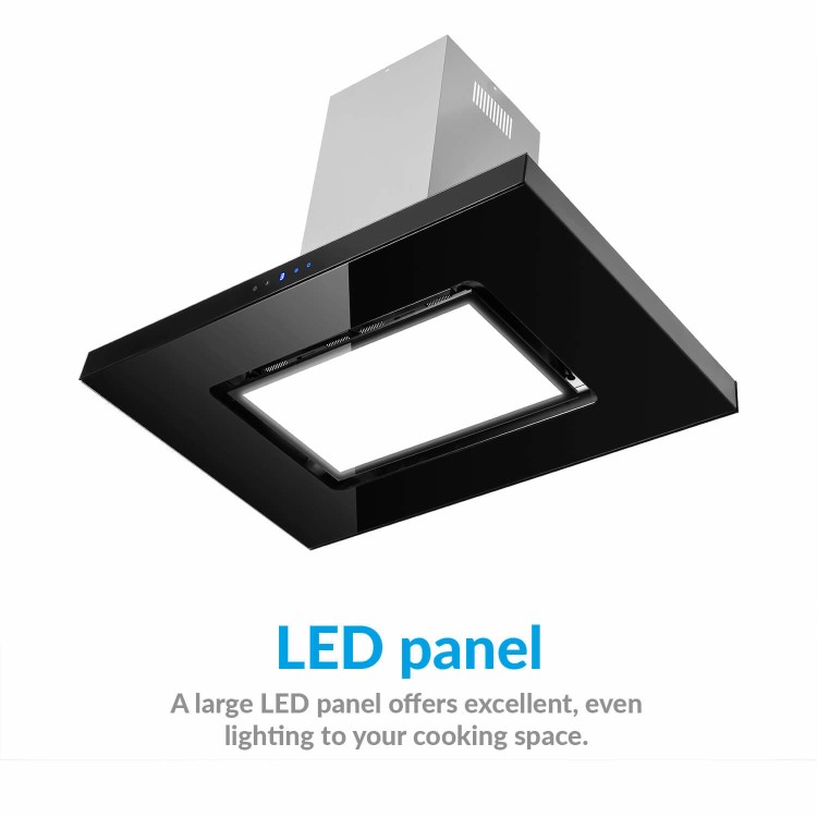 electriQ 90cm Island Cooker Hood with LED Panel - Black Glass