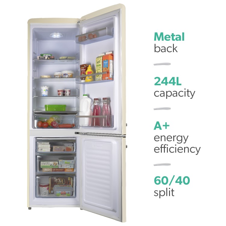 Refurbished electriQ 244 Litre Freestanding Fridge Freezer Retro 60/40 Split 55cm Wide - Cream
