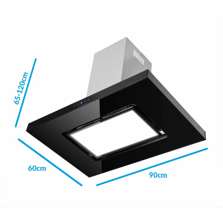 electriQ 90cm Island Cooker Hood with LED Panel - Black Glass