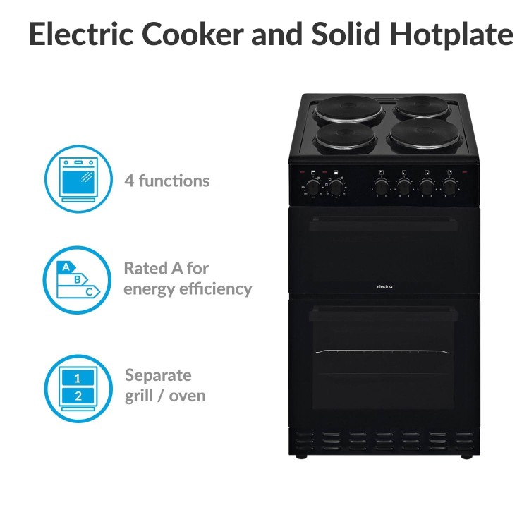 GRADE A3 - electriQ 50cm Electric Cooker with Twin Cavity and Solid Hotplate in Black