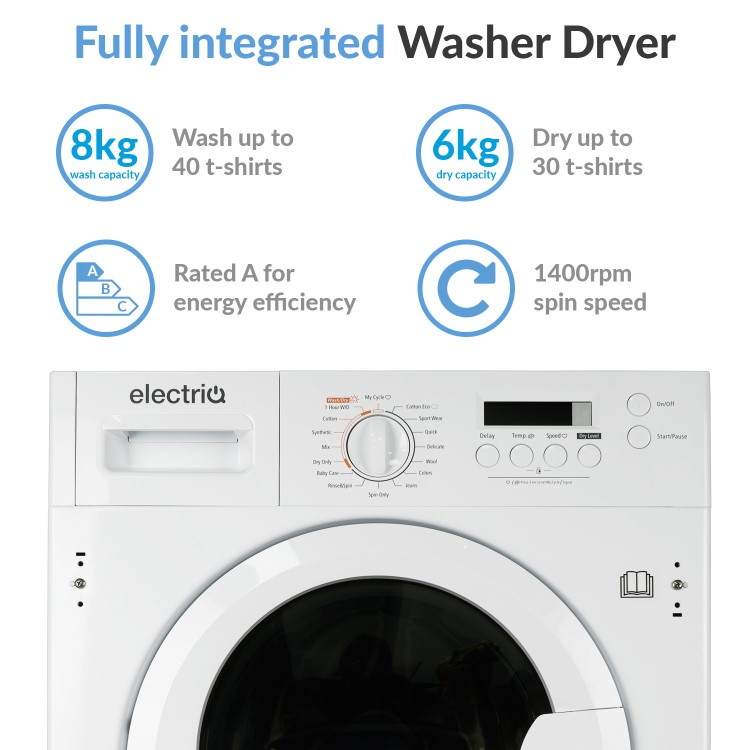 GRADE A2 - electriQ 8kg Wash 6kg Dry 1400rpm Integrated Washer Dryer - White