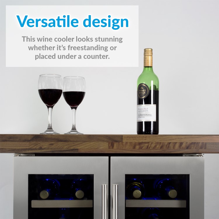 GRADE A2 - electriQ 36 Bottle Freestanding Under Counter Wine Cooler Dual Zone 60cm Wide 82cm Tall - Stainless Steel