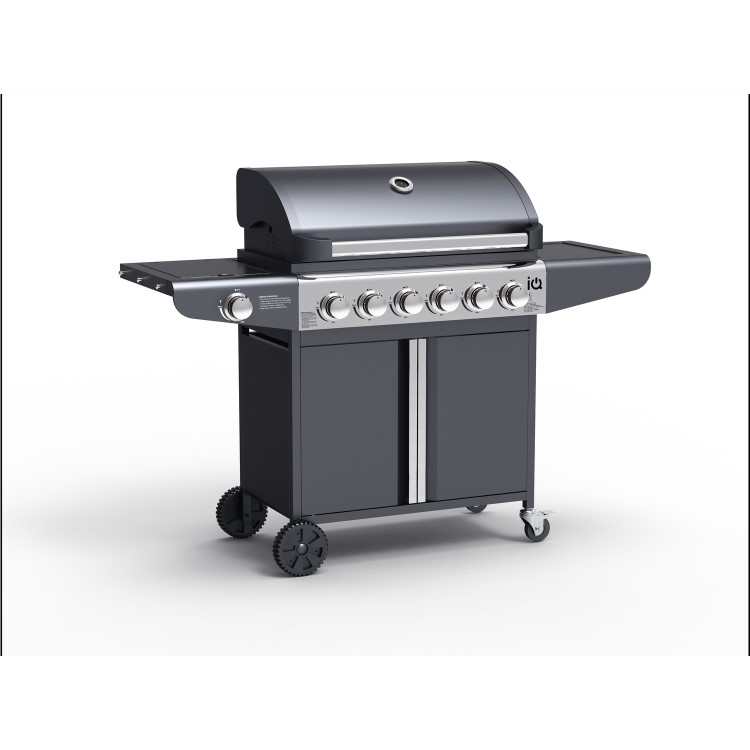 GRADE A3 - The Kentucky Premium 6 Burner Black Gas BBQ with Side Burner - Includes BBQ Cover and Utensil Set