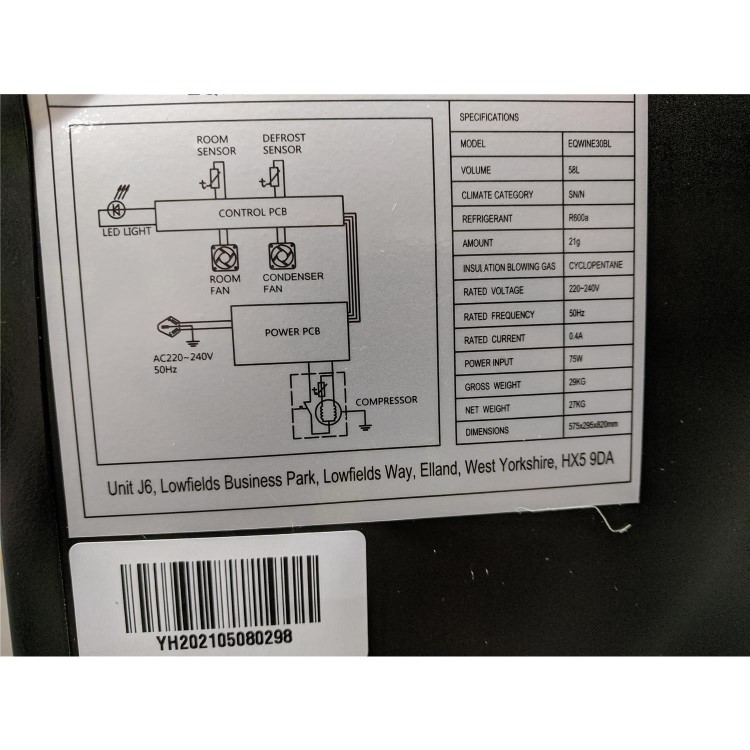 Refurbished electriQ EQWINE30BL 30cm Wide 18 Bottle Wine Cooler - Black