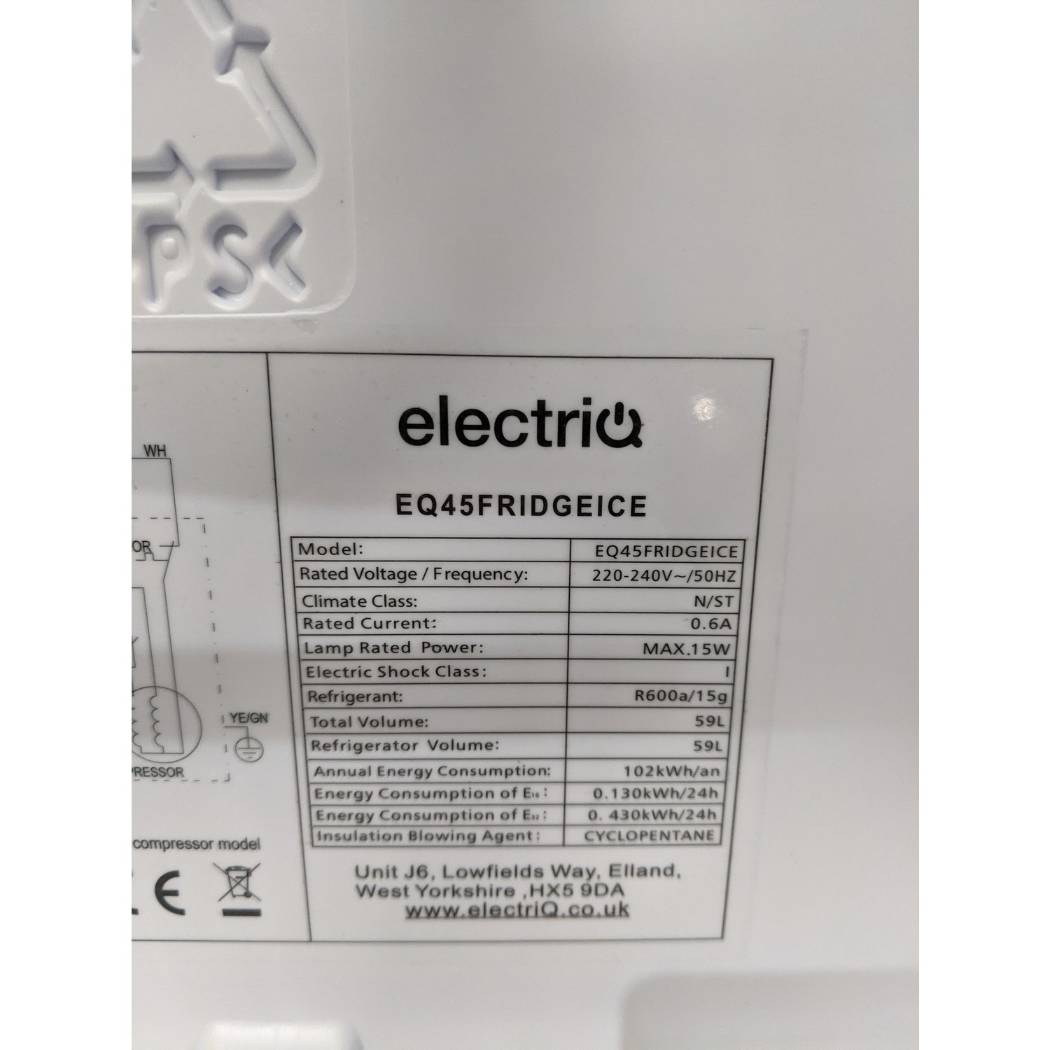 Refurbished electriQ EQ45FRIDGEICE Freestanding 62 Litre Under Counter