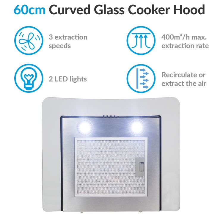 electriQ 60cm Curved Glass Chimney Cooker Hood - Stainless Steel
