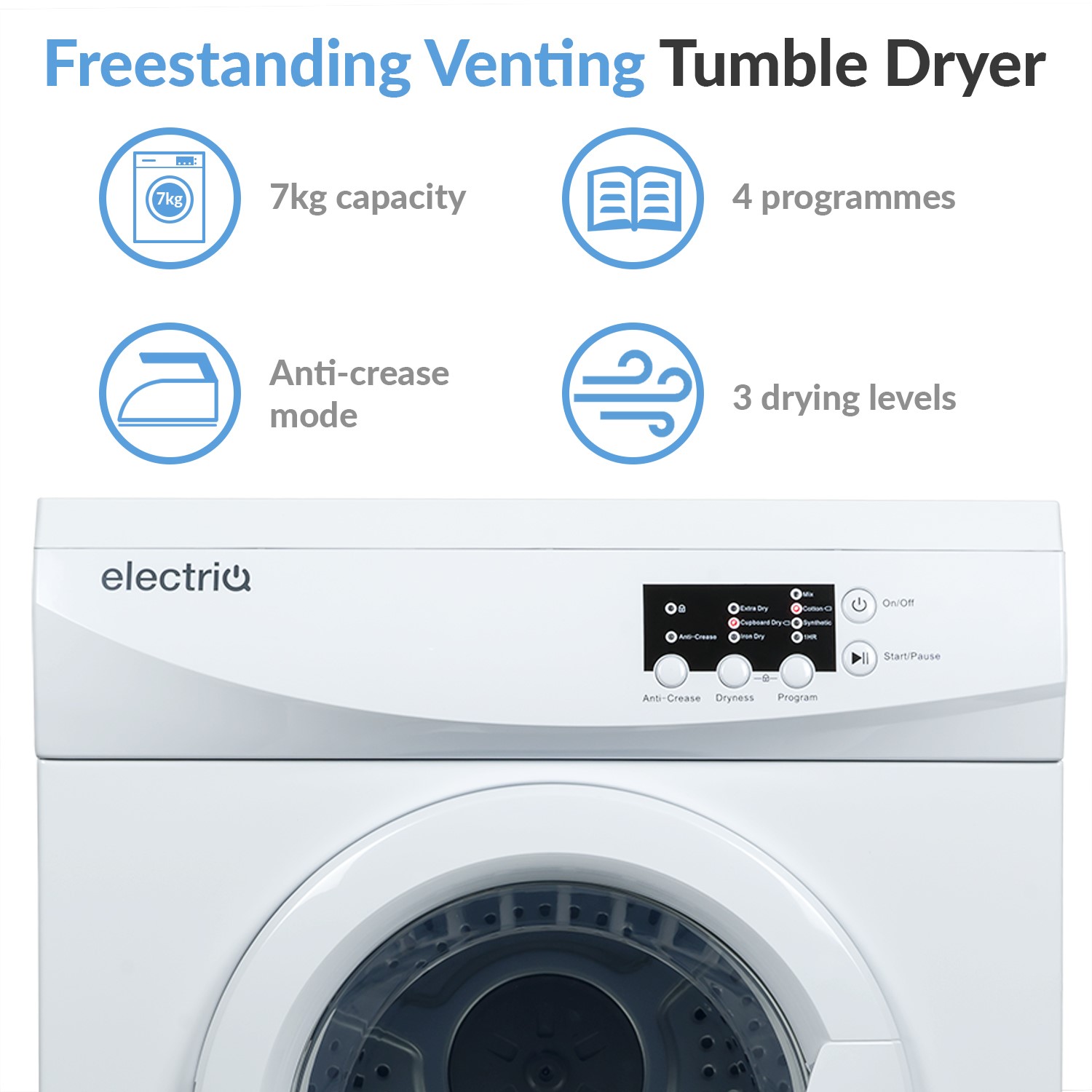 electriQ Freestanding 7kg Vented Tumble Dryer White electriQ