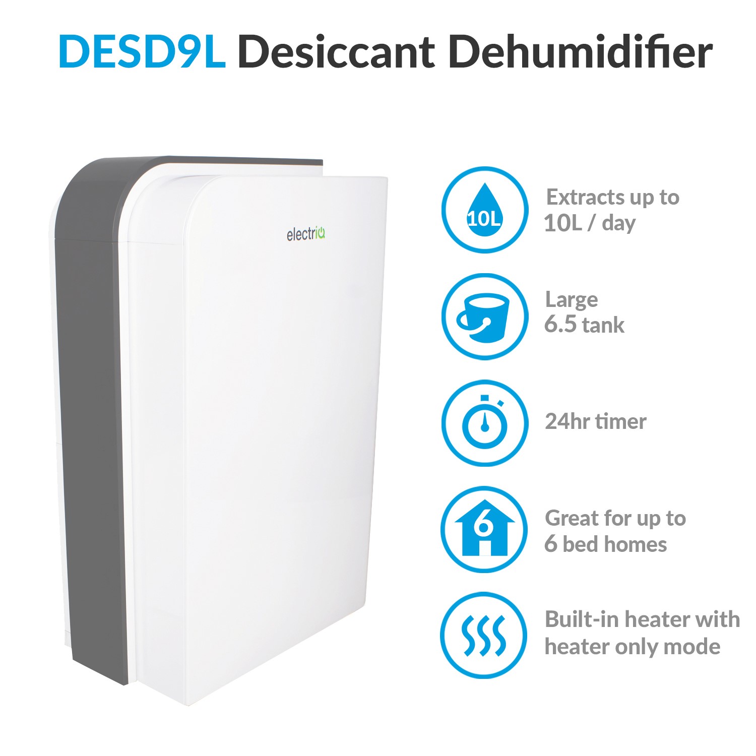 electriQ 10 Litre Smart Desiccant Dehumidifier with Heater and