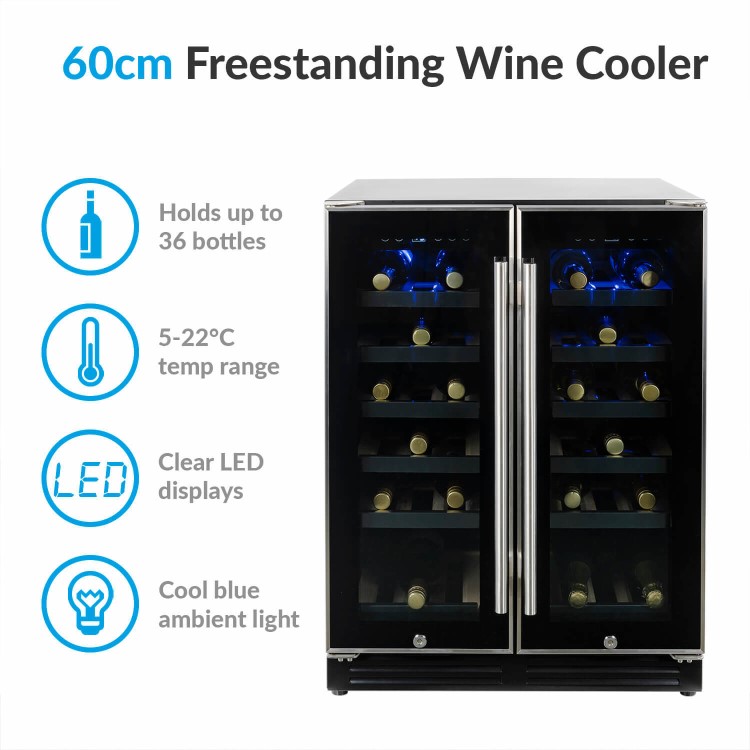 GRADE A2 - electriQ 36 Bottle Freestanding Under Counter Wine Cooler Dual Zone 60cm Wide 82cm Tall - Stainless Steel