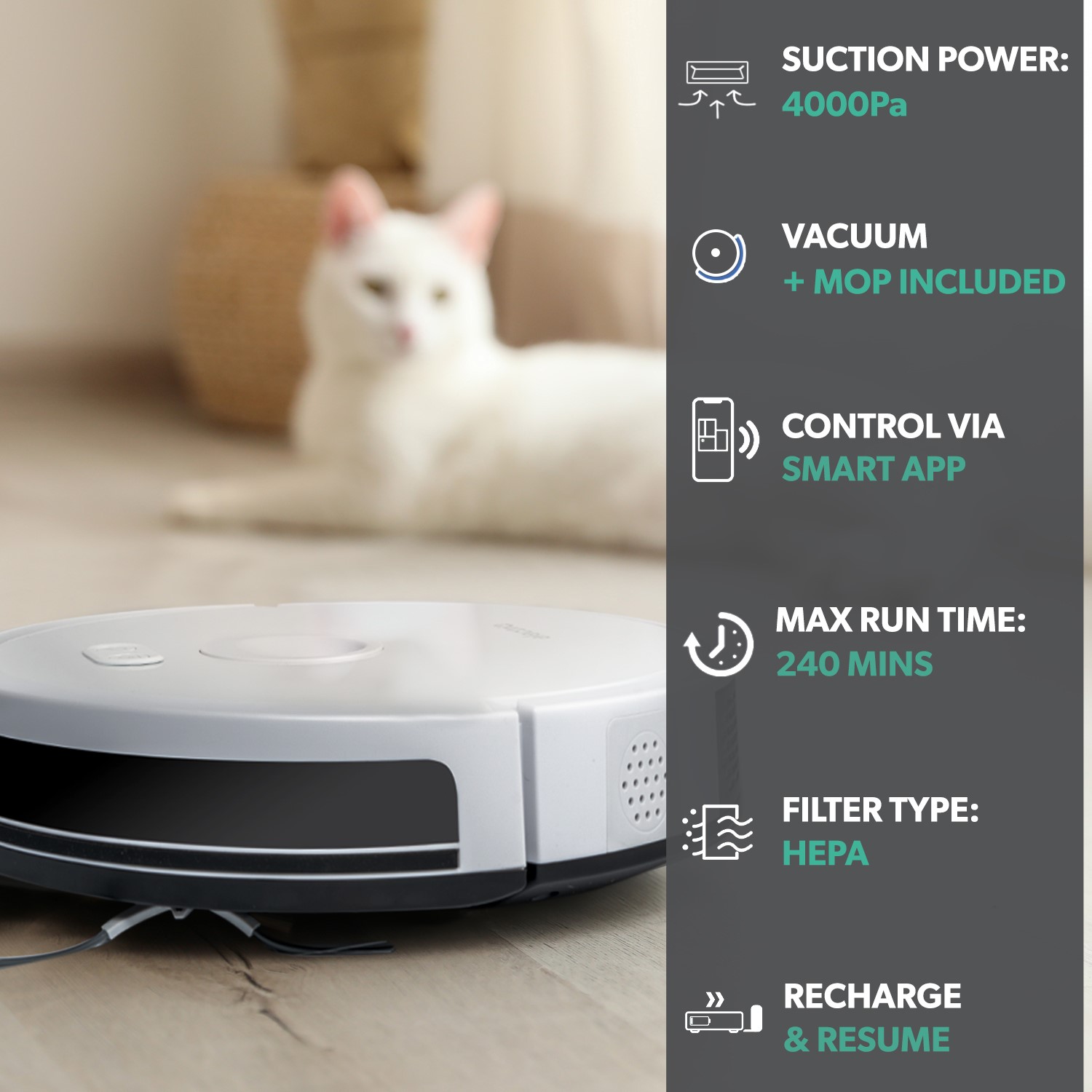 electriQ TONY Robotic Vacuum Cleaner and Mop 4000Pa Suction White