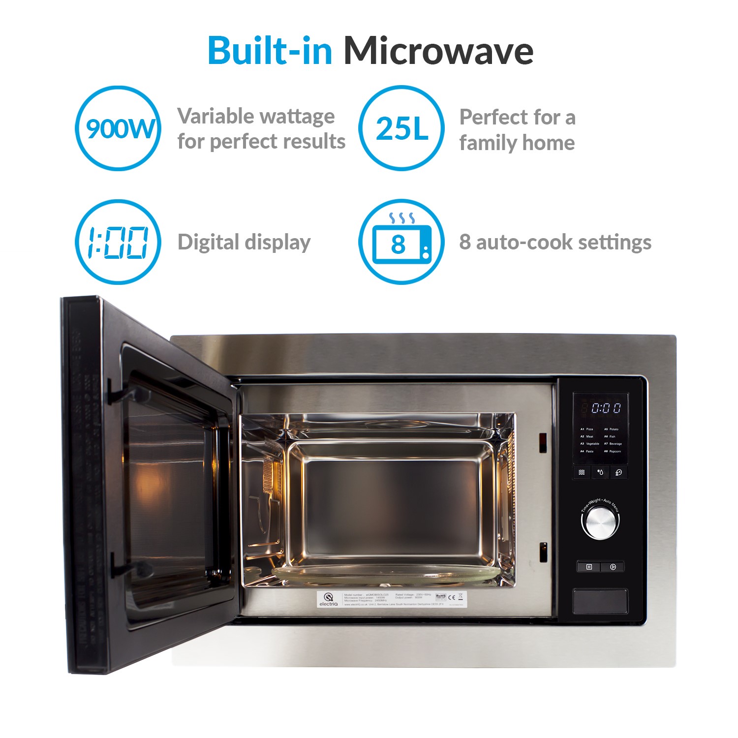 Refurbished electriQ eiQMOBISOLO25 Built In 25L 900W Digital Standard Microwave Stainless Steel