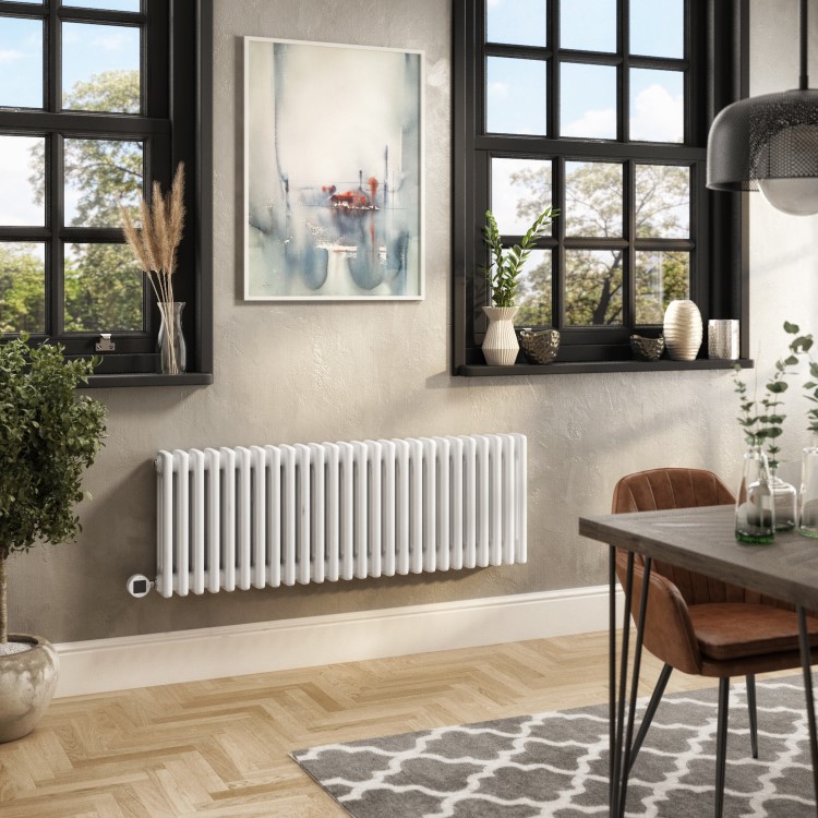 White Horizontal Column Smart Electric Radiator with Wi-Fi Thermostat - 1200W - H400xW1190mm - Bathroom Safe