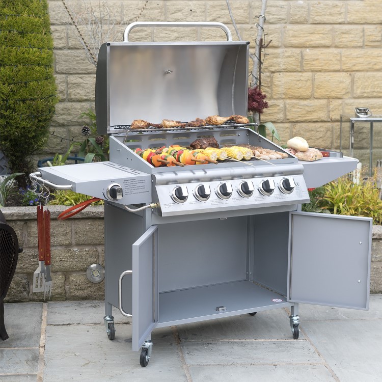 Refurbished electriQ The Georgia Classic 6 Burner Gas BBQ with side burners in Stainless Steel Includes FREE BBQ Cover and Utensil Set