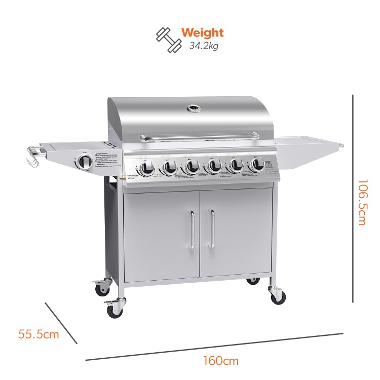 Refurbished electriQ The Georgia Classic 6 Burner Gas BBQ with side burners in Stainless Steel Includes FREE BBQ Cover and Utensil Set