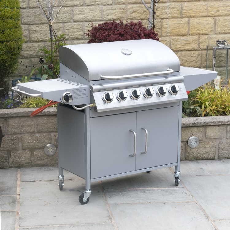 Refurbished electriQ The Georgia Classic 6 Burner Gas BBQ with side burners in Stainless Steel Includes FREE BBQ Cover and Utensil Set