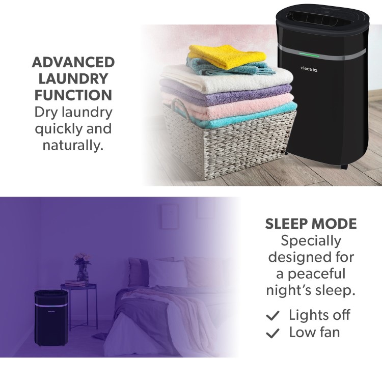 Refurbished electriQ 12L Low-Energy Quiet Laundry Dehumidifier and HEPA Air Purifier - Black