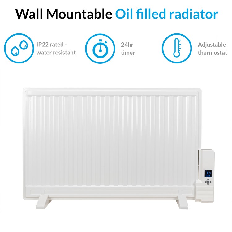 electriQ 800W Slim Wall Mounted Oil Filled Radiator H550xW950mm Weekly Timer - White 