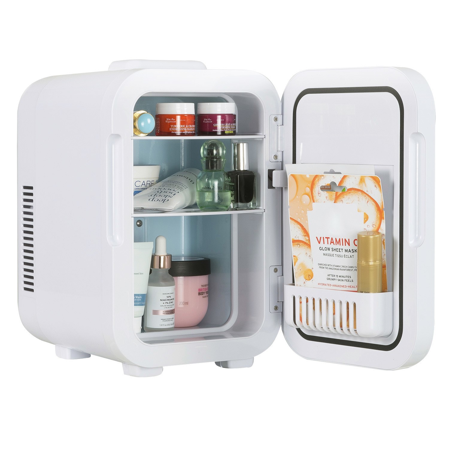 Mini Fridge with Cosmetic Products on White Vanity Table Stock