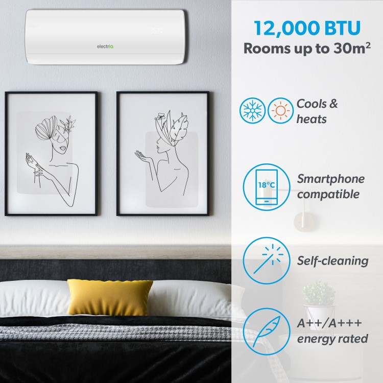 Refurbished electriQ 12000 BTU WIFI Smart A+++ easy-fit DC Inverter Wall Split Air Conditioner with Heat Pump & 5m Pipe Kit