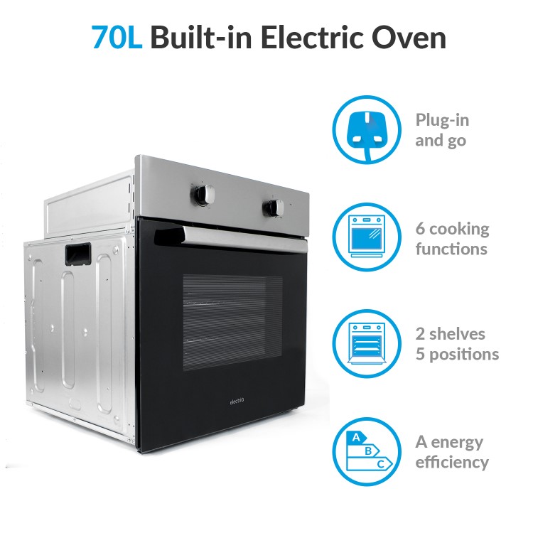GRADE A1 - electriQ 70 litre 6 Function Built in Static Electric Single Oven - supplied with a plug