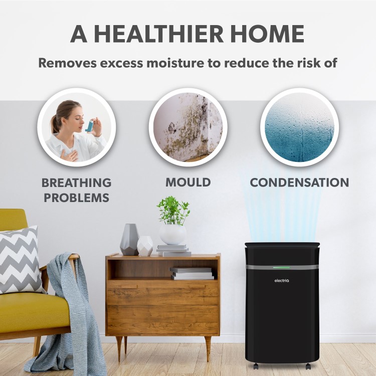 Refurbished electriQ 12 Litre Black Low Energy UV Antibacterial Dehumidifier with HEPA Air Purifier