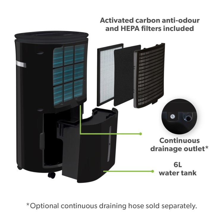 Refurbished electriQ 12 Litre Black Low Energy UV Antibacterial Dehumidifier with HEPA Air Purifier