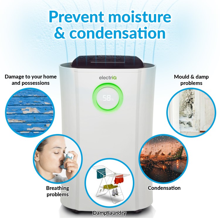 GRADE A2 - electriQ 12 litre Low Energy Dehumidifier for up to 3 bed house with Digital Humidistat and UV Plasma Air Purifier