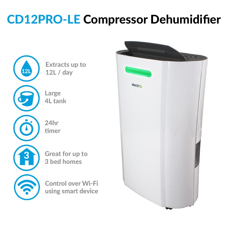 GRADE A3 - electriQ 12L Low Energy Smart App Wi-Fi Alexa Dehumidifier for up to 3 bed house with UV Air Purifier 
