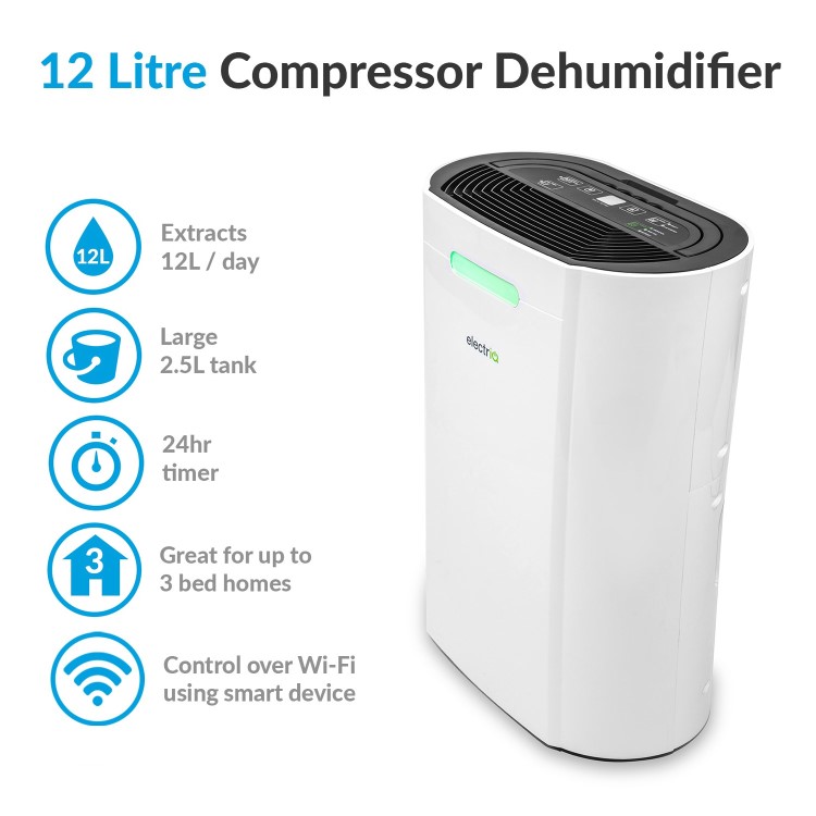 GRADE A2 - electriQ  12L Smart Wi-Fi Alexa Dehumidifier for up to 3 bed house with  Air Purifier 