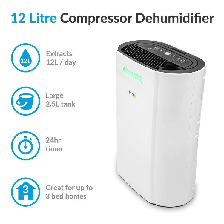 GRADE A2 - electriQ 12 Litre Dehumidifier with Digital Humidistat and Air Purifier