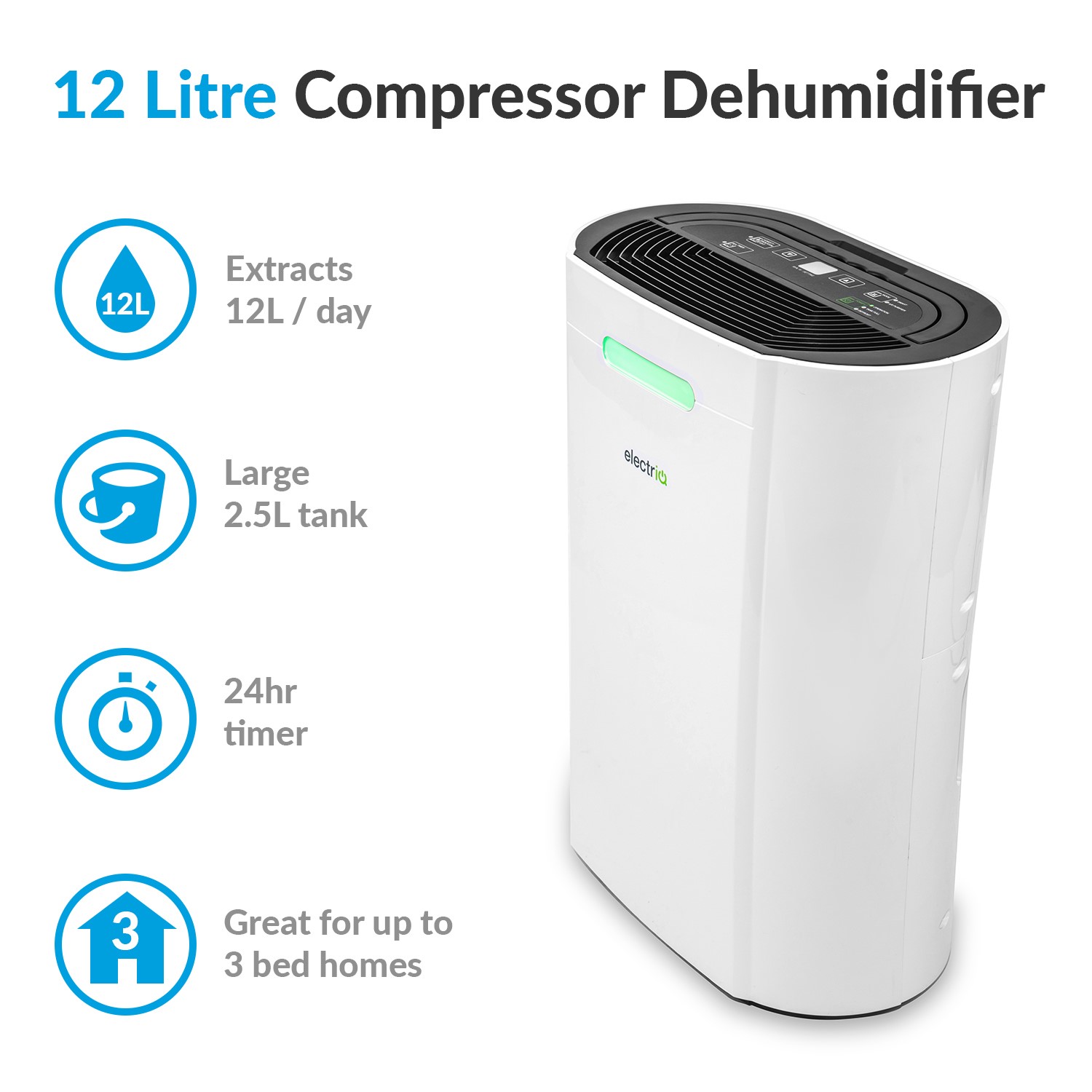 Electriq 12 litre dehumidifier for 3 bed on sale house with digital humidistat and air purifier