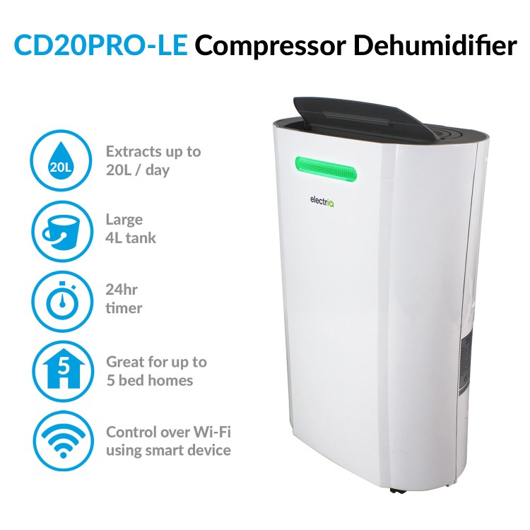 Refurbished electriQ 20 Litre Smart App Alexa Low Energy Dehumidifier with UV Air Purifier