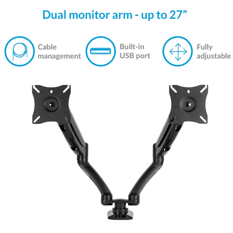 electriQ Dual Monitor Arms with USB Ports for monitors up to 27 inch