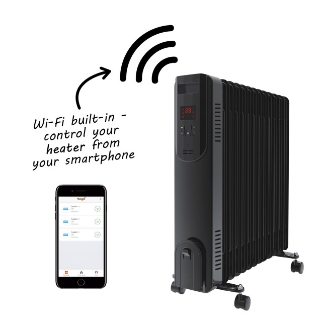 GRADE A2 - electriQ 2.5kw Black Smart WiFi Alexa Oil Filled Radiator 11 Fin  24 hour and Weekly Timer with Thermostat and Remote | electriQ