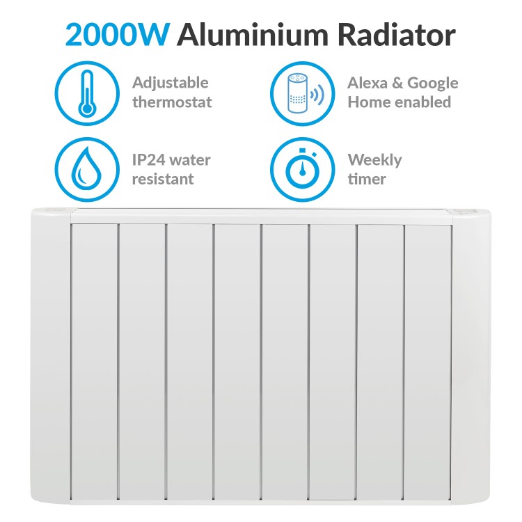 GRADE A2 - electriQ 2000W Wall Mountable Low Energy Smart WiFi Alexa Aluminium Designer Radiator - Bathroom Safe IP24